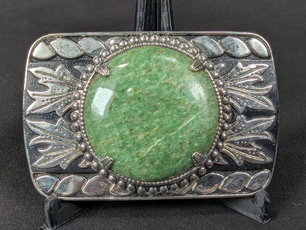 Vintage Western Style Belt Buckle Green Stone Cabochon Leaf Motif Women Acces...